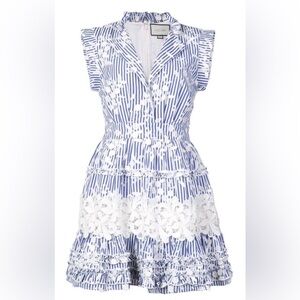 NWOT Alexis Olya Striped Embroidered Ruffled Mini Dress Blue White Size Small